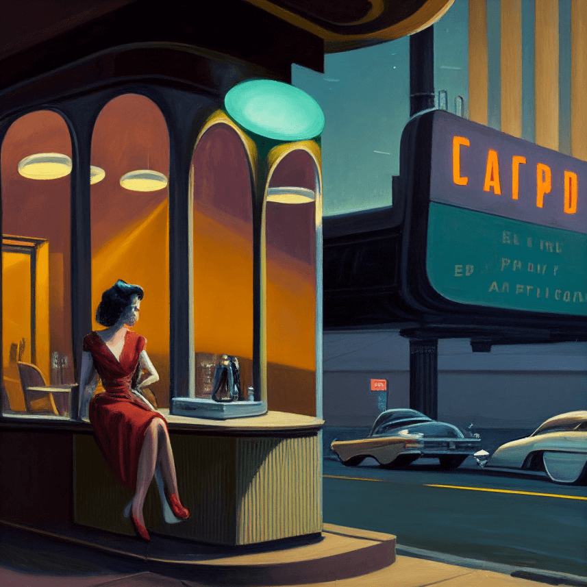 The image depicts a 50s style cafe in the year 2050, featuring modern furnishings with a futuristic twist. Outside the cafe, futuristic cars zoom by, suggesting an advanced technological era. A woman dressed in a vibrant red dress is perched on the counter next to the coffee machine, enjoying her drink. The contrasting elements of vintage fashion and futuristic surroundings create an intriguing and visually stunning image.