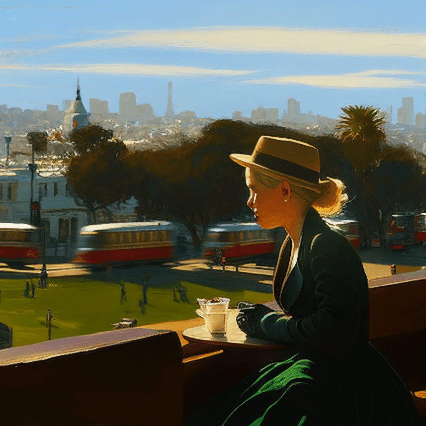 The image captures a beautiful moment of a woman sitting on a balcony, overlooking Dolores Park in San Francisco. The view is breathtaking, with the lush greenery of the park stretching out before her and the bustling cityscape in the distance.

    In the foreground of the image, cable cars run by, adding to the charm and character of the city. People are seen enjoying the warm sunshine in the park, lending the image a sense of life and movement. The woman appears relaxed and content, taking in the beauty of her surroundings.
    
    This image beautifully captures the juxtaposition of natural and urban landscapes in San Francisco, showcasing the unique and vibrant atmosphere of the city.