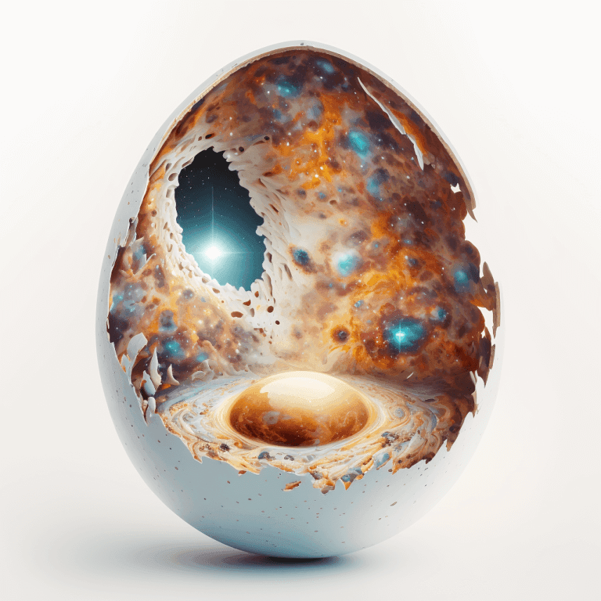 The image shows a cracked chicken egg, with its shell partially broken to reveal a stunningly beautiful and colorful universe within. The universe appears to be swirling and expanding, with bright stars and galaxies, and hints of cosmic clouds and gases. This image captures the fascinating concept of the universe being contained within the smallest of things, and the idea that beauty can exist in even the most unexpected places.